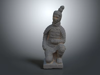 Ancient Terracotta Warrior Sculpture In Kneeling Posture With Traditional Armor Design 3d model