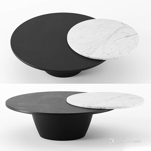 Modern Round Coffee Table With Black Base And White Marble Dual Discs Top 3d model 