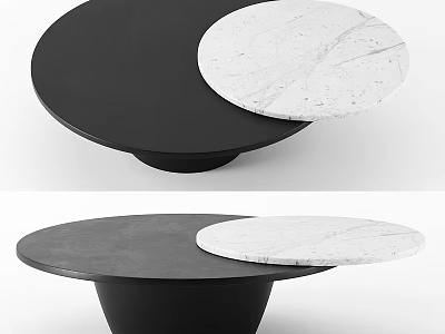 Modern Round Coffee Table With Black Base And White Marble Dual Discs Top 3d model