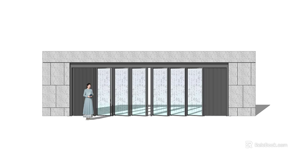 Modern Scenic Wall Design With Glass Panels Stone Cladding And Vertical Accents 3d model 