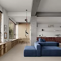 Modern Living Room Interior Design With Blue Sofa Ottoman Small Round Table And Bookshelves