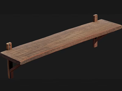 Natural Wooden Wall Mounted Shelf With Long Textured Surface And Sturdy Metal Brackets 3d model