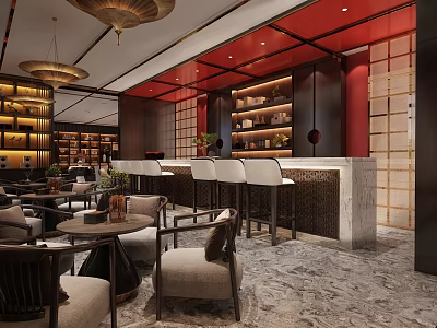 Modern Elegant Hotel Lobby With Red Accents Chandeliers Bar Counter Sofas Bookshelves And Marble Floor 3d model