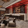 Modern Elegant Hotel Lobby With Red Accents Chandeliers Bar Counter Sofas Bookshelves And Marble Floor