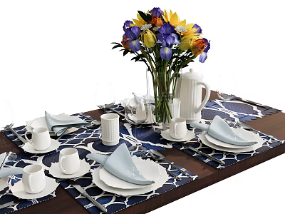 Elegant White Dinnerware Set with Blue White Placemats and Flower Arrangement on Dining Table 3d model