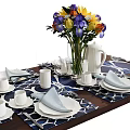 Elegant White Dinnerware Set with Blue White Placemats and Flower Arrangement on Dining Table 3d model