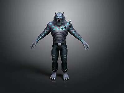 Wolf Headed Mythical Creature With Muscular Build And Blue Glowing Patterns In Torn Pants 3d model