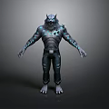 Wolf Headed Mythical Creature With Muscular Build And Blue Glowing Patterns In Torn Pants