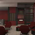 Modern Café Interior With Red Wall Logo Red Chairs Circular Patterns And City View Window 3d model