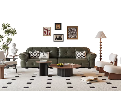 Green Leather Sofa Coffee Table Set With Wall Art Floor Lamp Potted Plant And Rug 3d model