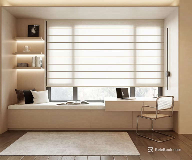Modern Minimalist Window Seat Area with Shelves Laptop Chair and Roller Blinds 3d model 