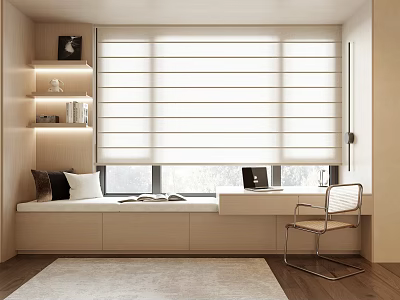 Modern Minimalist Window Seat Area with Shelves Laptop Chair and Roller Blinds 3d model