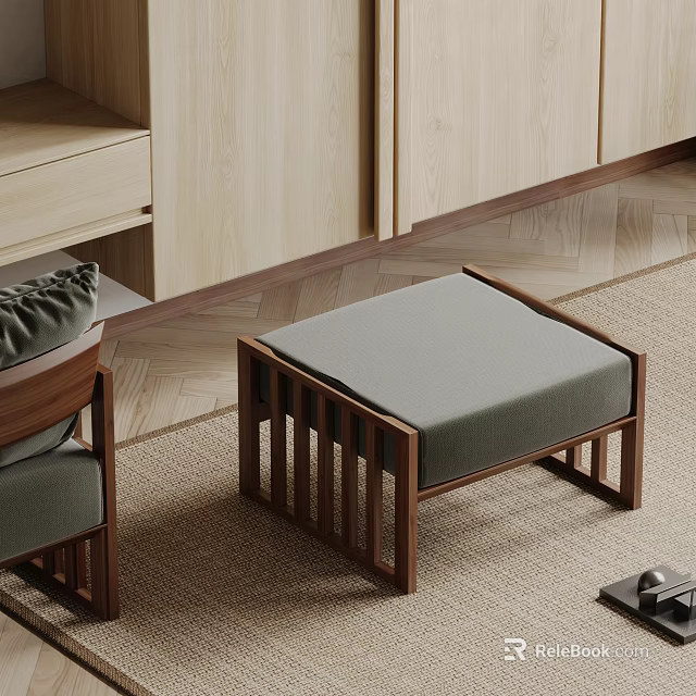 Modern Wooden Frame Stool With Gray Cushion In Minimalist Interior With Herringbone Floor 3d model 