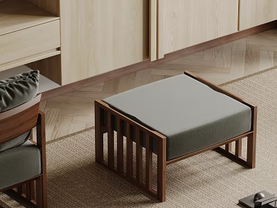 Modern Wooden Frame Stool With Gray Cushion In Minimalist Interior With Herringbone Floor 3d model