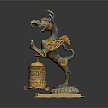 Intricate Mythical Beast Statue With Golden Decorations Blue Details And Square Carved Base