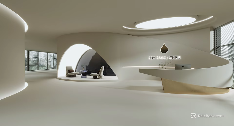 Modern Minimalist White Front Desk Reception Area With Curved Design Sofa And Round Skylight 3d model 