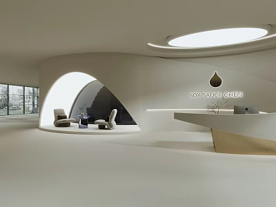 Modern Minimalist White Front Desk Reception Area With Curved Design Sofa And Round Skylight 3d model