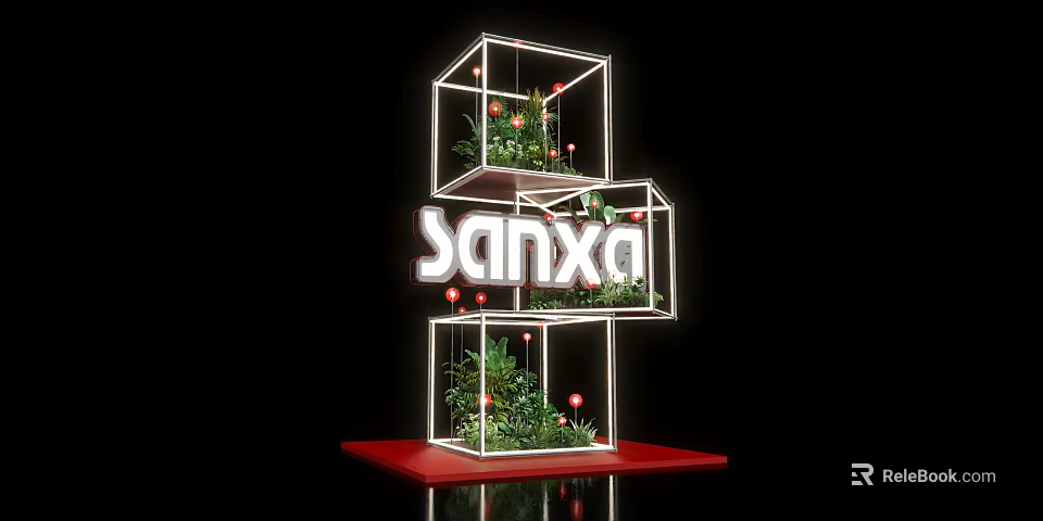 Floral Art Installation With Cube Structure Green Plants Red Decorative Balls And Red Base Sanxa 3d model 