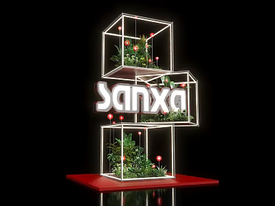 Floral Art Installation With Cube Structure Green Plants Red Decorative Balls And Red Base Sanxa 3d model