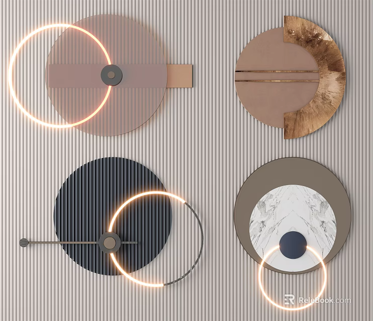 Modern Circular Wall Decor With Various Materials And Illuminated Rings On Striped Wall 3d model 