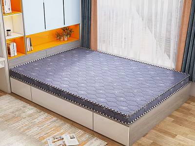 Blue Diamond Pattern Mattress On Storage Bed Frame In Modern Bedroom 3d model
