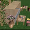 School Wooden Pergola Rest Area With Tables Benches Green Plants Decorative Paintings And Sunlight
