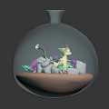 Fantasy Game Creature Inside Glass Dome With Purple Flowers Green Leaves And White Stones