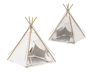 Camping Site Featuring White Teepee Tents With Wooden Poles Open Doors And Mattresses Inside 3d model