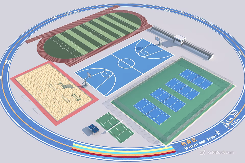 Multi Sport Fields Layout With Football Basketball Tennis Courts And Running Track 3d model 