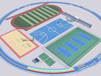 Multi Sport Fields Layout With Football Basketball Tennis Courts And Running Track 3d model