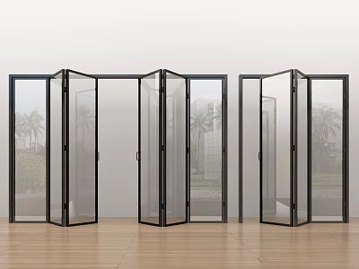 Modern Glass Folding Doors with Black Frames and Outdoor View in Bright Interior 3d model