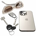 Stylish Accessory Decor Set With Beige Handbag Transparent Water Bottle Magazine Sunglasses Mobile Phone Keys