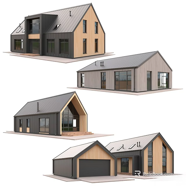 Modern Wooden House Exteriors With Various Roof Designs And Large Windows 3d model 