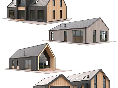 Modern Wooden House Exteriors With Various Roof Designs And Large Windows 3d model