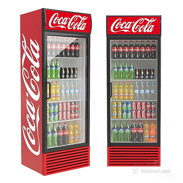 Two Red Coca Cola Refrigerators Stocked With Various Beverage Bottles 3d model