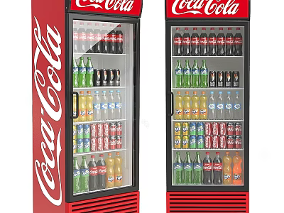 Two Red Coca Cola Refrigerators Stocked With Various Beverage Bottles 3d model