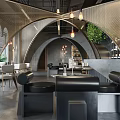 Modern Café Arched Architecture Gray Walls Hanging Lamps Green Plants Tables Chairs In Open Space
