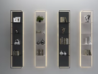 Modern Wall Mounted Shelving Units with Decorative Items Books Plants And Vases Featuring Integrated Lighting 3d model