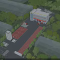 Modern Fire Station Building Exterior With Fire Trucks Training Track And Surrounding Green Trees