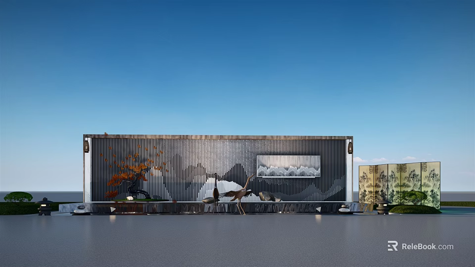 Modern Building Wall Featuring Karesansui Landscape Design With Rocks And Gravel 3d model 