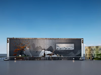 Modern Building Wall Featuring Karesansui Landscape Design With Rocks And Gravel 3d model