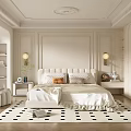 Elegant Modern Bedroom Interior With Soft Headboard Bed Patterned Rug Paneled Walls And Armchair