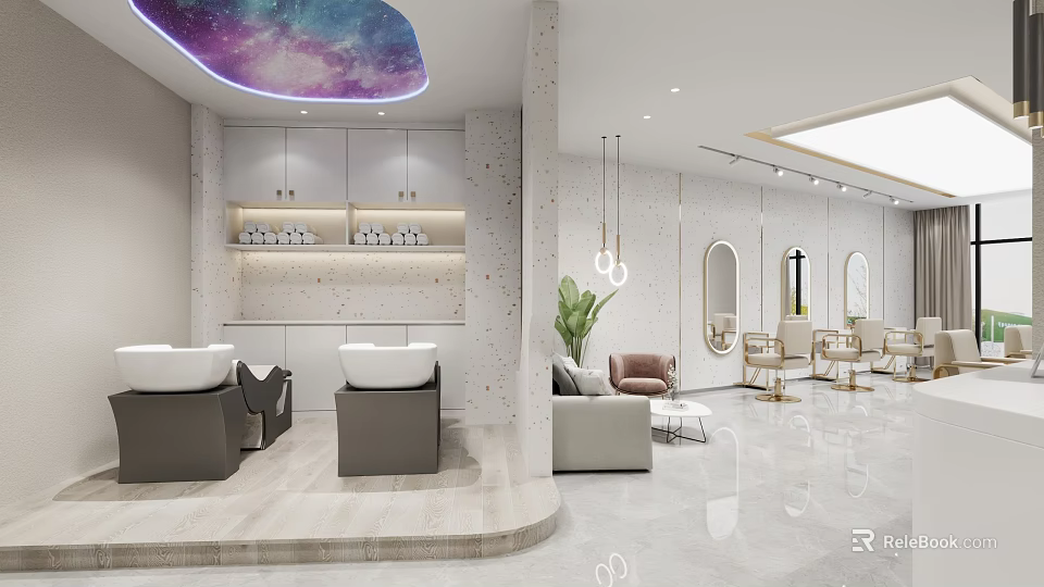 Modern Beauty Hair Salon Interior With Styling Chairs Mirrors Marble Floor And Pendant Lights 3d model 