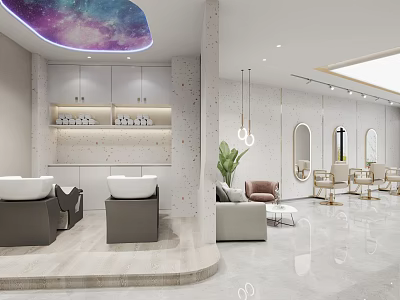 Modern Beauty Hair Salon Interior With Styling Chairs Mirrors Marble Floor And Pendant Lights 3d model