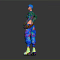 Vibrant Fantasy Character with Blue Hair and Colorful Outfit Standing with Small Creature