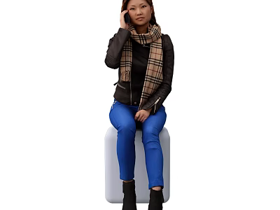 Woman in Black Leather Jacket Plaid Scarf Blue Skinny Jeans Black Boots on White Cube 3d model