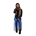 Woman in Black Leather Jacket Plaid Scarf Blue Skinny Jeans Black Boots on White Cube