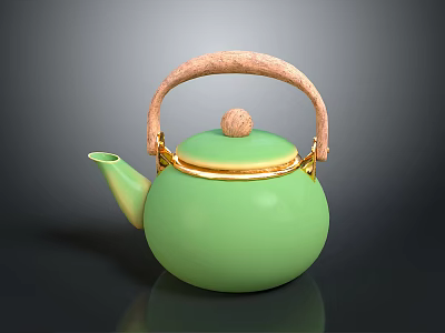 Green Ceramic Teapot with Wooden Handle and Gold Accents for Kitchen Use 3d model