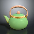 Green Ceramic Teapot with Wooden Handle and Gold Accents for Kitchen Use