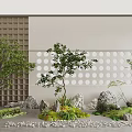 Garden Ornament Design With Green Trees Rocks And Perforated Wall Elements 3d model